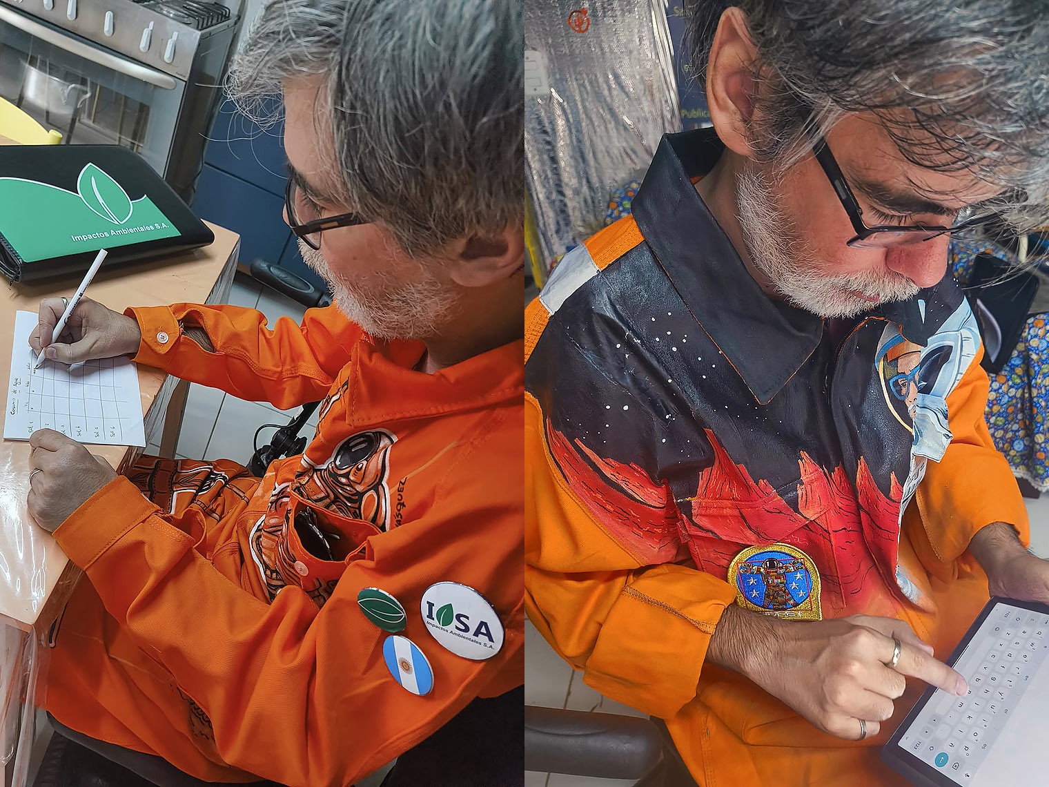 Sebastián Musso con un traje de vuelo naranja.